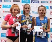From left to right: 2nd Philippa Chambers (Gateshead), winner Lydia Turner (Birtley) and 3rd Sophie Burnett (Birtley) in the 15-16 BUPA Junior Great Run .